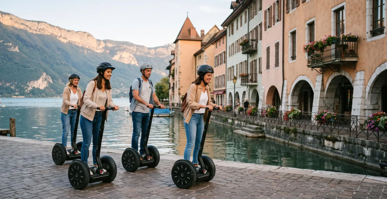 Groupe de touristes circulant en Segway le long des quais du lac d'Annecy avec la vieille ville en arrière-plan