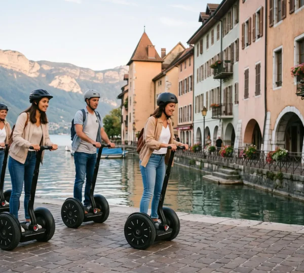 Groupe de touristes circulant en Segway le long des quais du lac d'Annecy avec la vieille ville en arrière-plan