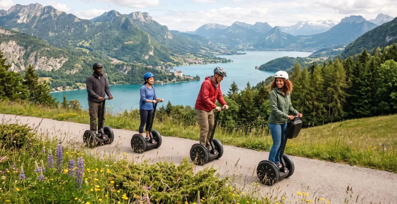 Groupe de quatre personnes circulant en Segway sur un parcours panoramique avec vue sur le lac d'Annecy et les Alpes