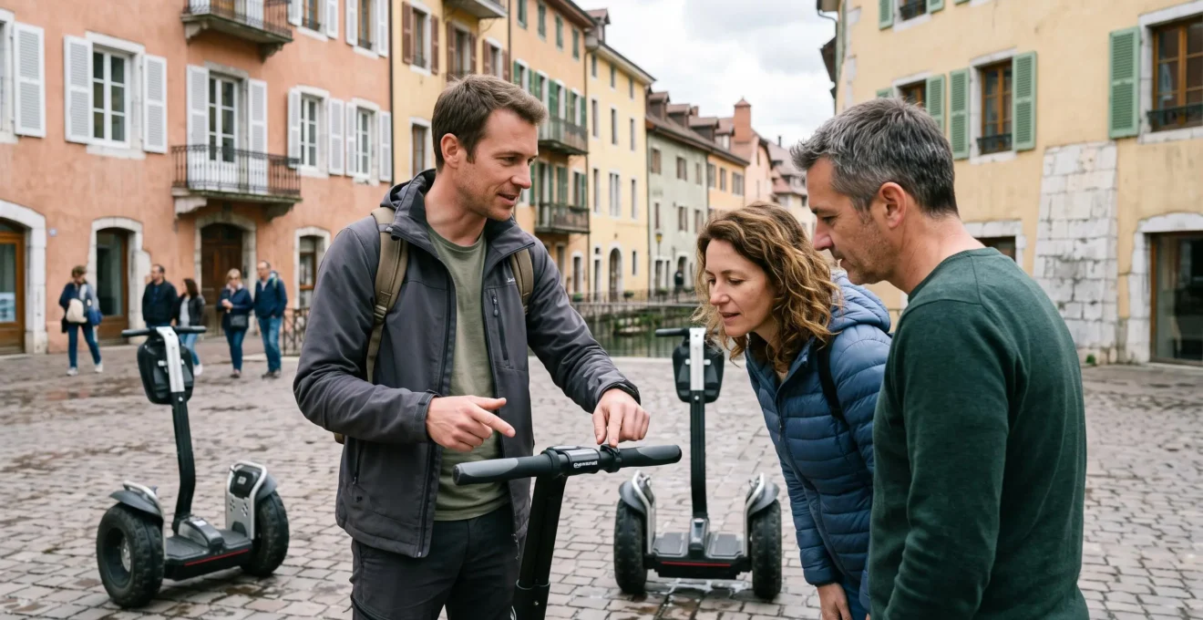 Guide professionnel expliquant les commandes d'un Segway à deux participants sur une place pavée de la vieille ville d'Annecy