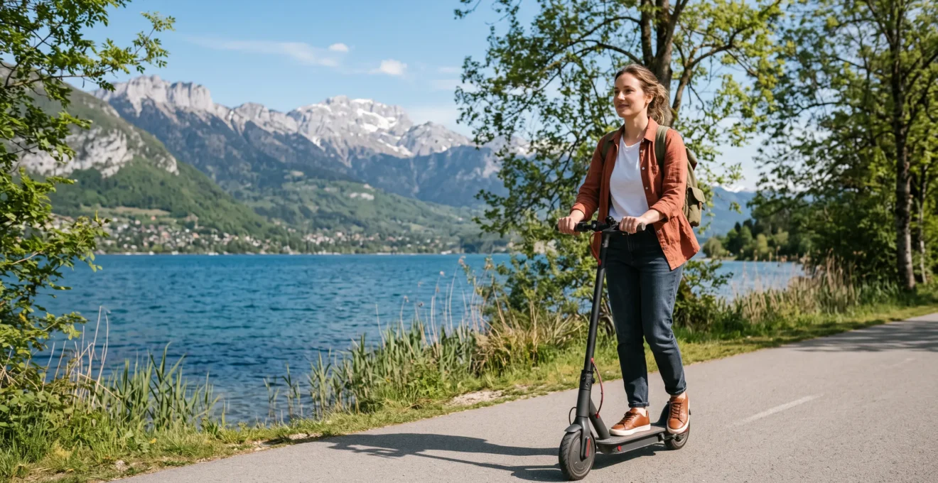 Personne circulant en trottinette électrique sur la piste cyclable longeant le lac d'Annecy avec les montagnes en arrière-plan
